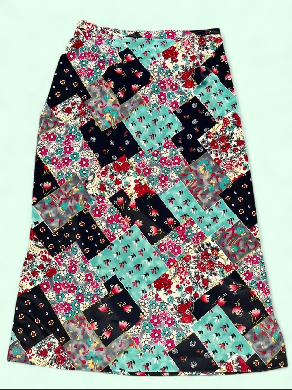 Vintage Patchwork Floral Print Midi Skirt with Side Slits
